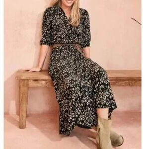 Garnet Hill NWOT Black Ivory Leopard Wrap StyleTop Elbow Sleeve Midi Dress Sz XS